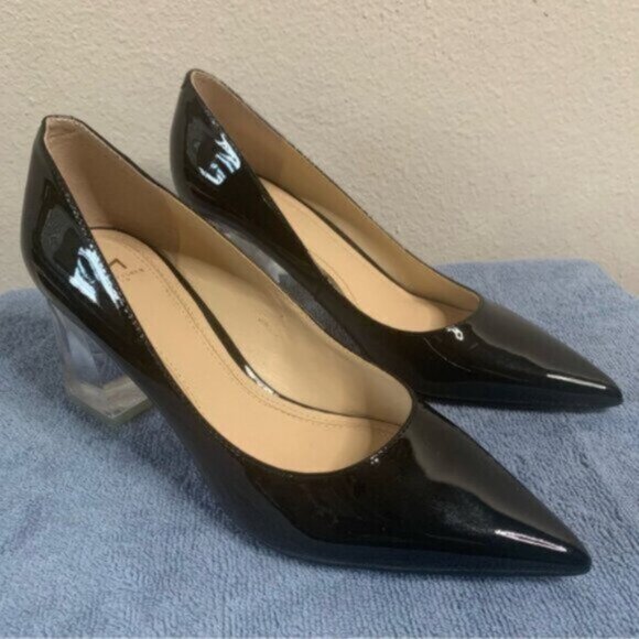 Marc Fisher Ltd Black Patent Leather Pointed Toe Clear Block Heels - Picture 3 of 15